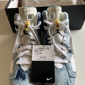 Jordan Denim-Overlay High Top Sneakers in White and Light Blue